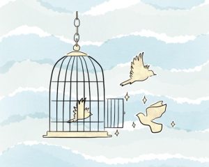 BIRDS IN A CAGE FLYING OUT